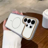 Contrast Edge Magnetic TPU Phone Case for Men in milk rice white held in hand