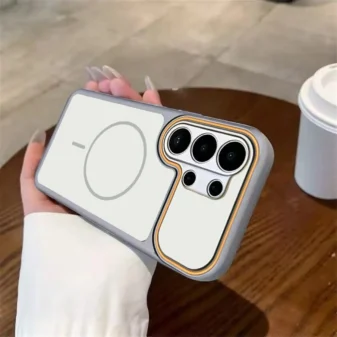 Contrast Edge Magnetic TPU Phone Case for Men in milk rice white held in hand