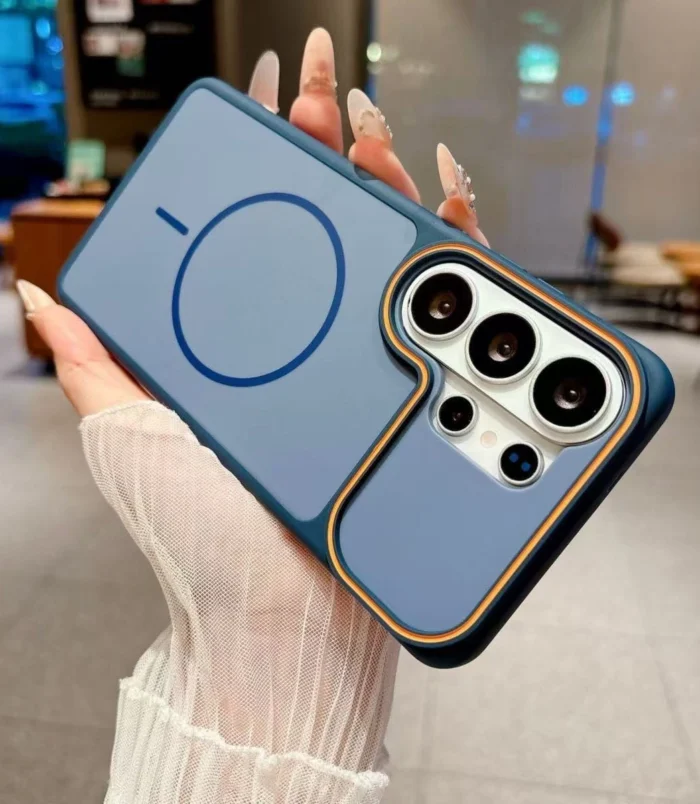 Contrast Edge Magnetic TPU Phone Case for Men in haze blue with orange borders