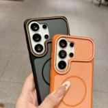 Contrast Edge Magnetic TPU Phone Case for Men comparing the black and orange camera protection