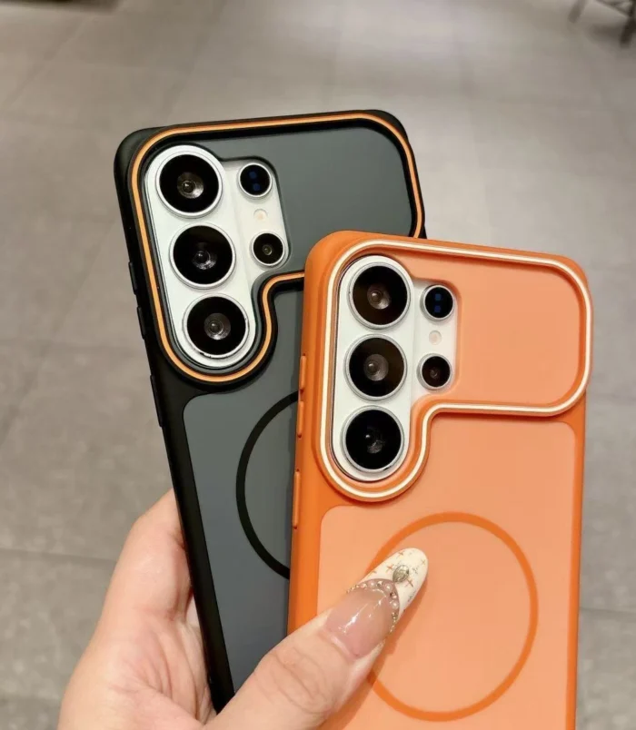 Contrast Edge Magnetic TPU Phone Case for Men comparing the black and orange camera protection