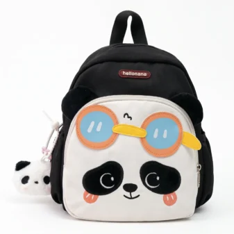 Black cute kids panda backpack with sunglasses and plush toy.