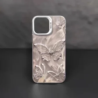 Laser 3D Butterfly PC Phone Case for Women standing upright showing light reflections.