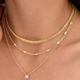 Gold and silver layered zircon pendant necklace worn on neck