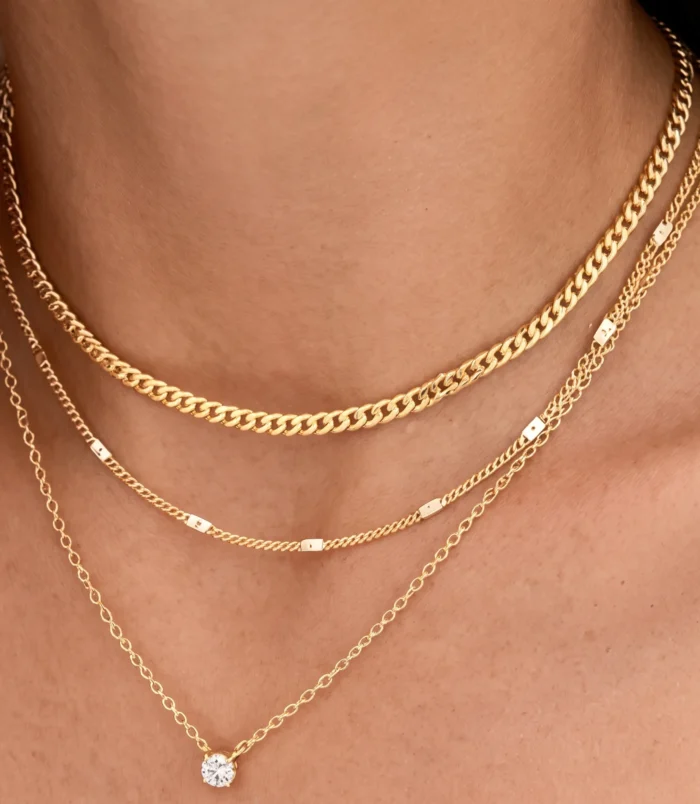 gold-and-silver-layered-zircon-pendant-necklace-3 Gold and silver layered zircon pendant necklace worn on neck