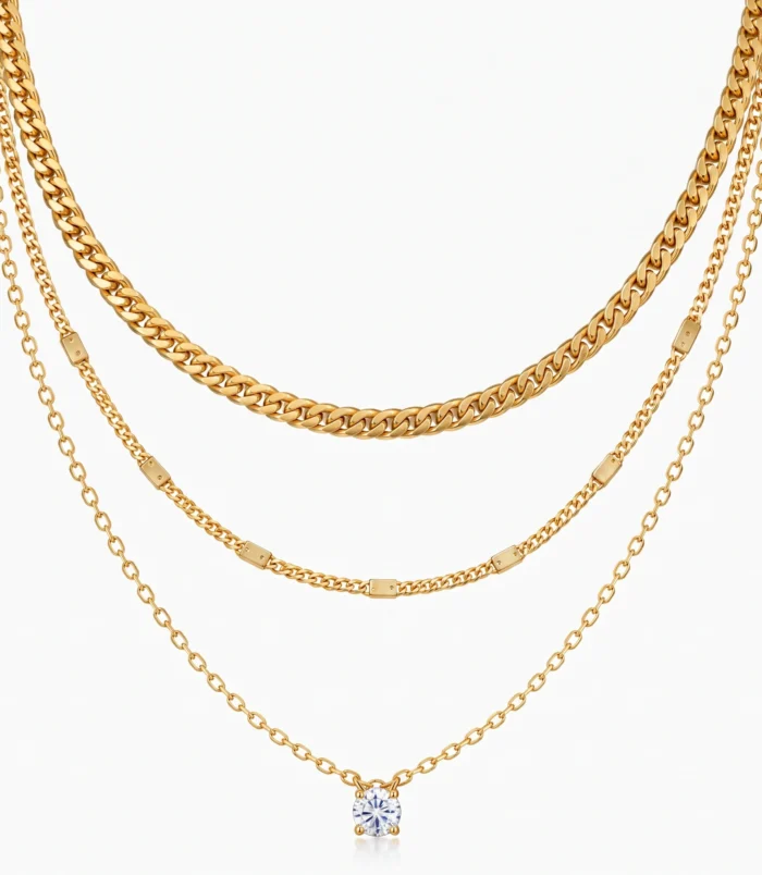 gold-and-silver-layered-zircon-pendant-necklace-5 Gold and silver layered zircon pendant necklace draped over white circular prop