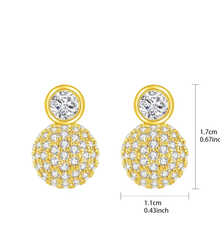 Gold & Silver Zircon Stud Earrings with detailed sizing and dimension measurements.