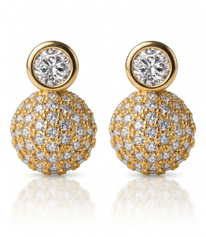 Elegant zircon ball stud earrings in a gleaming gold electroplated finish.