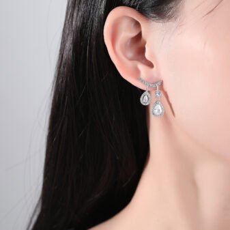 Gold & Silver Zircon Water Drop Earrings worn elegantly on a model's ear.