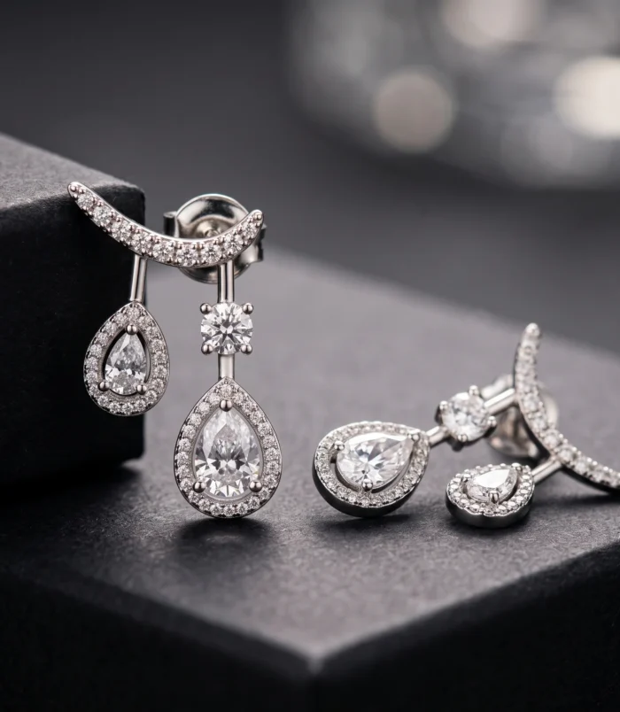 Gold & Silver Zircon Water Drop Earrings in silver colour close-up