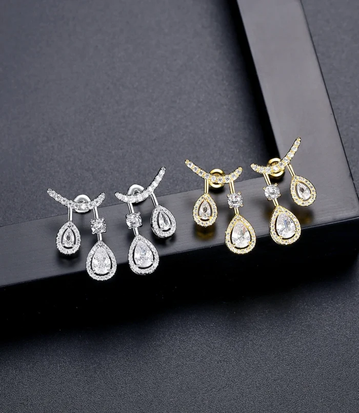 Gold & Silver Zircon Water Drop Earrings showing both gold and silver variations together.