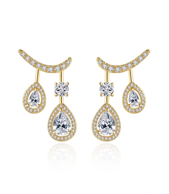 Beautiful gold zircon water drop earrings on a clean white background.