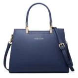 Multicolor PU leather Boston bag in dark blue viewed from the front without scarf.