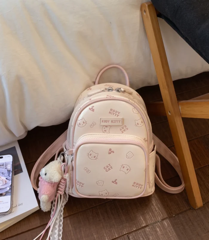 Pastel Cat Print PU Leather Backpack for Women dark pink style side angle.