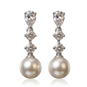 Elegant silver-plated zircon pearl drop earrings displayed on a clean white background.