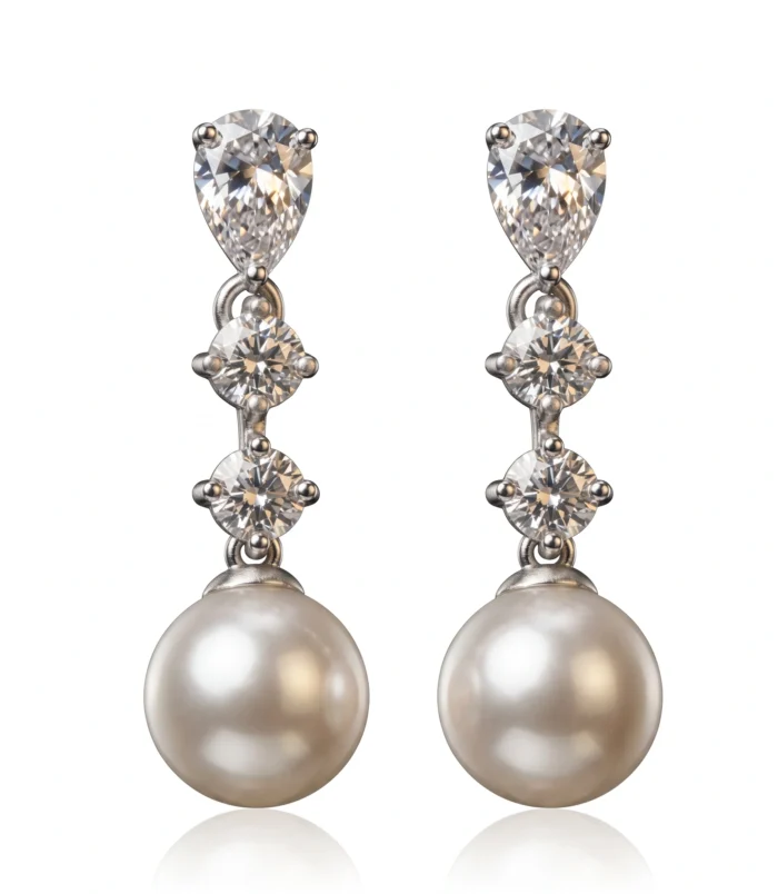 Elegant silver-plated zircon pearl drop earrings displayed on a clean white background.
