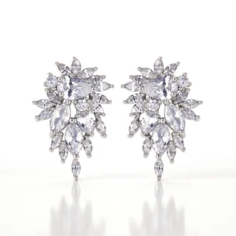 Silver zircon earrings for women featuring geometric clear stones.