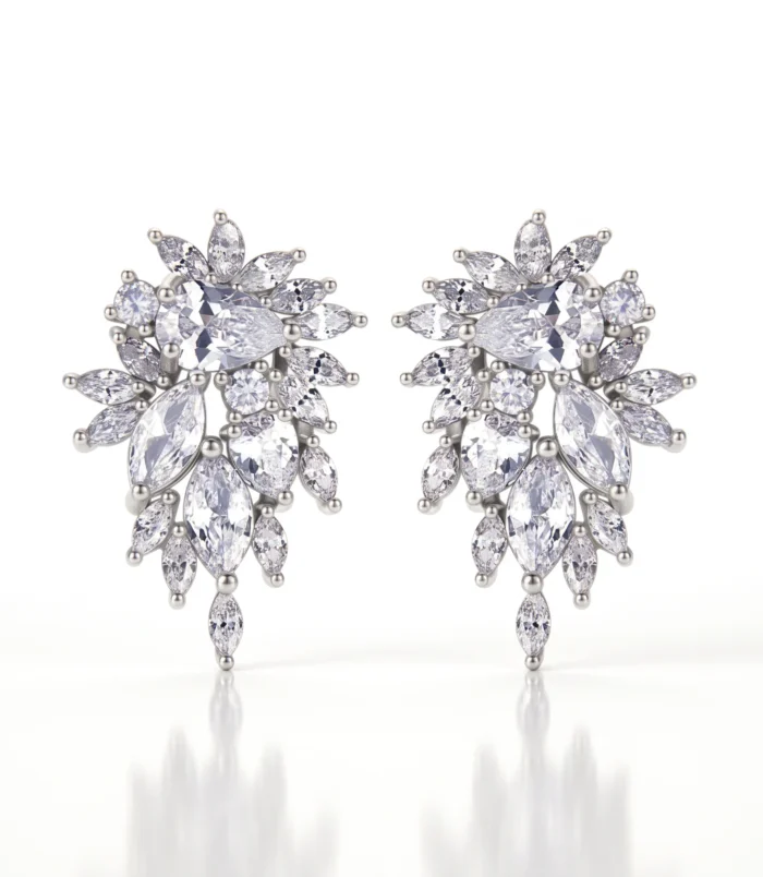 silver-zircon-earrings-women Silver zircon earrings for women featuring geometric clear stones.