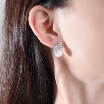 Silver Zircon Pearl Earrings showing detailed height and width dimensions