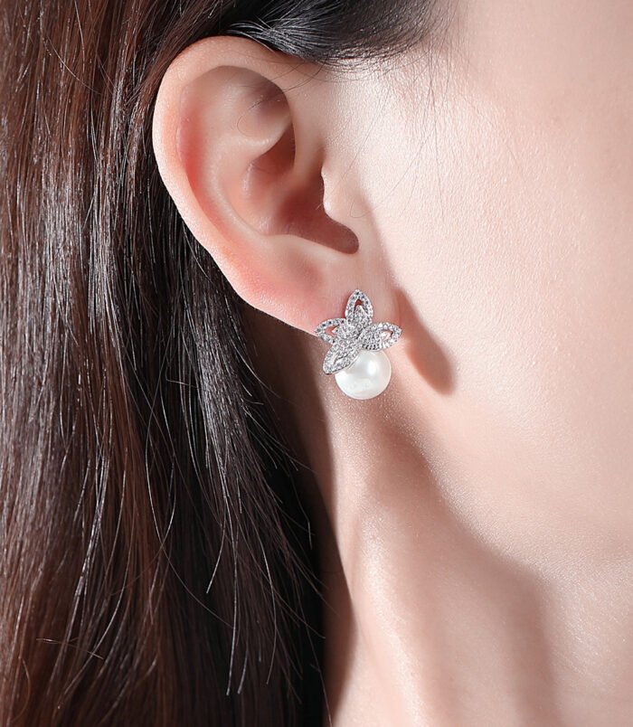 Silver Zircon Pearl Earrings showing detailed height and width dimensions