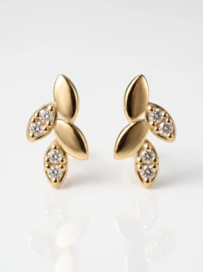 Beautiful sterling silver leaf earrings in gold color front view.