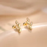Sterling silver leaf earrings close-up of the gold color showing the screw back closure.