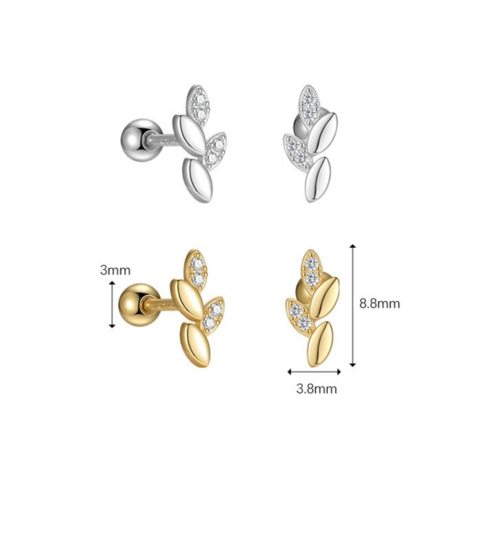 sterling-silver-leaf-earrings-6.webp | Sterling silver leaf earrings displaying dimension measurements for both front and back.
