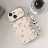 White Lambskin Hello Kitty Mirror Phone Case with beaded wrist strap attached.