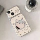 White Lambskin Hello Kitty Mirror Phone Case showing sparkling rhinestone mirror close-up.