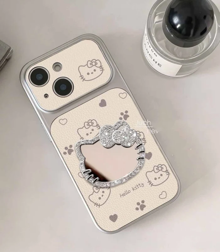 White Lambskin Hello Kitty Mirror Phone Case showing sparkling rhinestone mirror close-up.