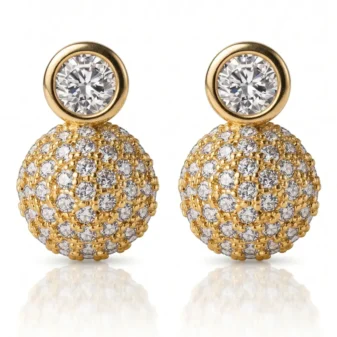 Radiant gold zircon ball stud earrings elegantly displayed on a pure white background.