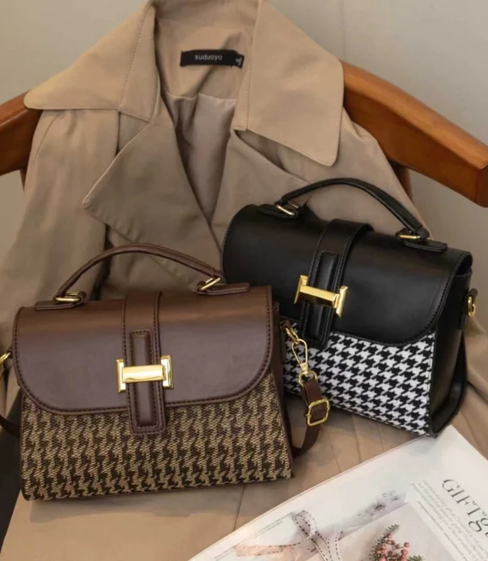 Black and Brown Vintage Houndstooth Handbag for Women - both brown and black colours displayed together.