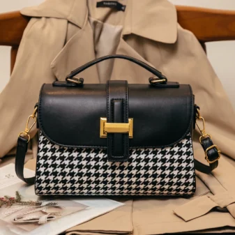 Black and Brown Vintage Houndstooth Handbag for Women - black colour front view.
