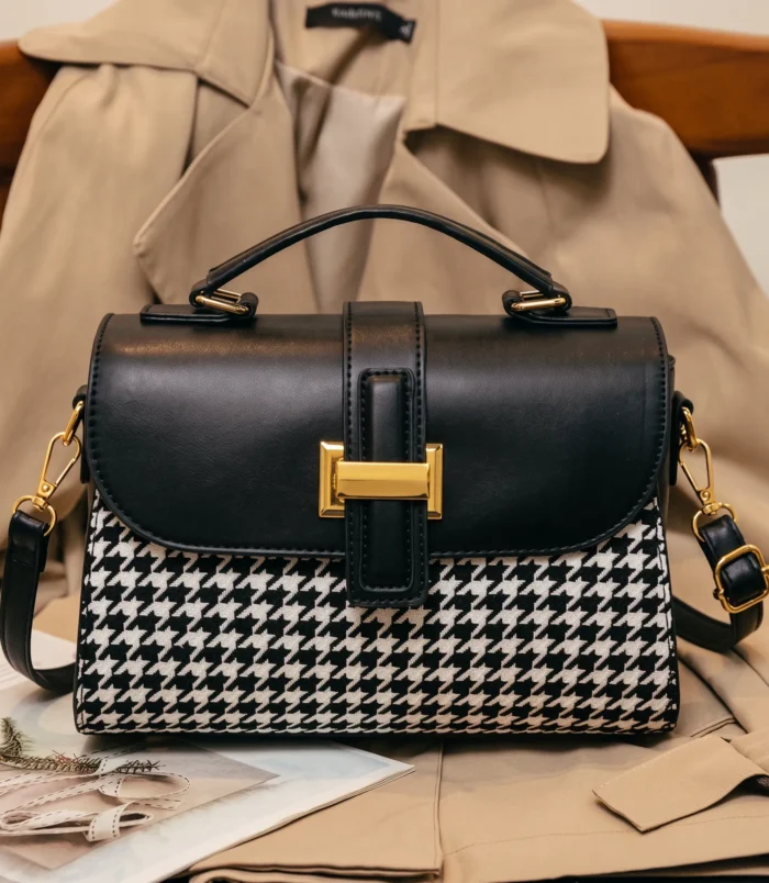 Black and Brown Vintage Houndstooth Handbag for Women - black colour front view.