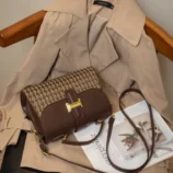 Black and Brown Vintage Houndstooth Handbag for Women - flat lay top angle.