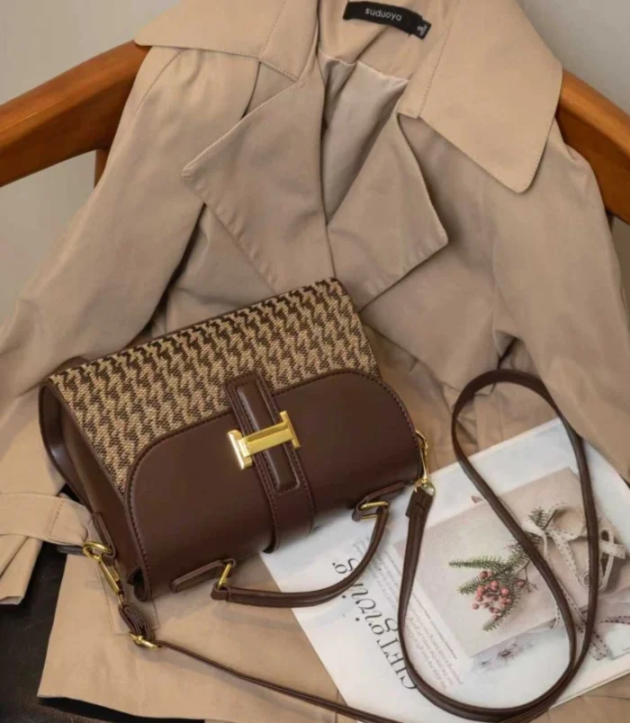 Black and Brown Vintage Houndstooth Handbag for Women - flat lay top angle.