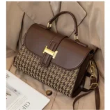 Black and Brown Vintage Houndstooth Handbag for Women - close-up showing canvas texture.