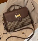 Black and Brown Vintage Houndstooth Handbag for Women - showing the detachable strap length.