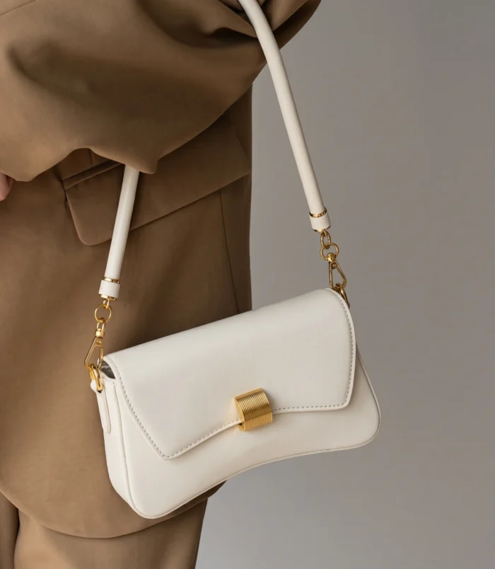 Black & White PU Leather Baguette Bag for Women close-up view of the white variant.