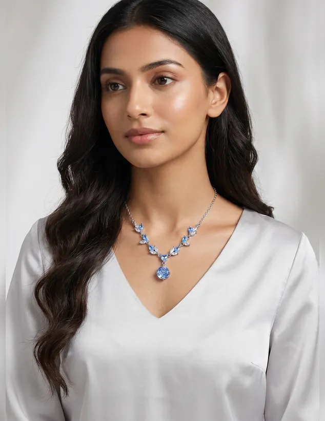 Woman wearing a silver blue rose crystal necklace