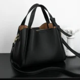 Classic Soft PU Leather Tote Bag for Women classic black version angled side profile.