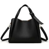 Classic Soft PU Leather Tote Bag for Women black colour full front perspective.