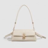 Elegant cream white PU leather shoulder bag with a secure gold-tone metal latch closure.