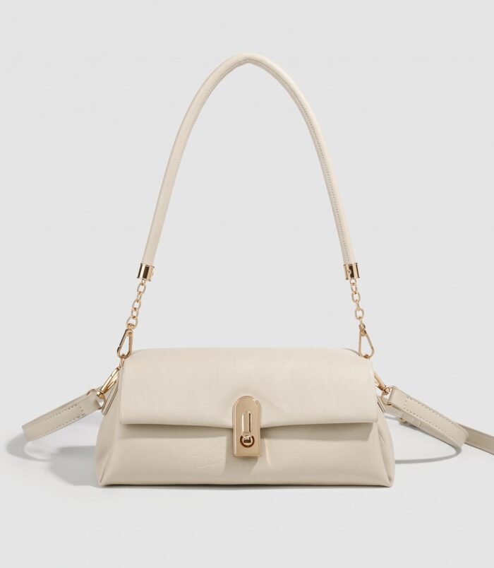 Elegant cream white PU leather shoulder bag with a secure gold-tone metal latch closure.