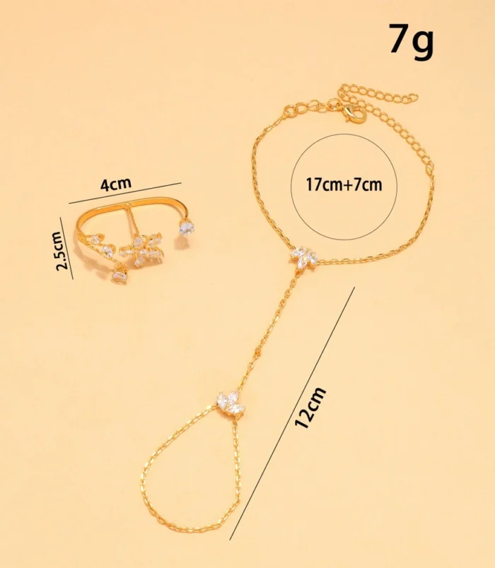 Elegant zircon flower finger bracelet size dimensions and exact chain measurements guide.