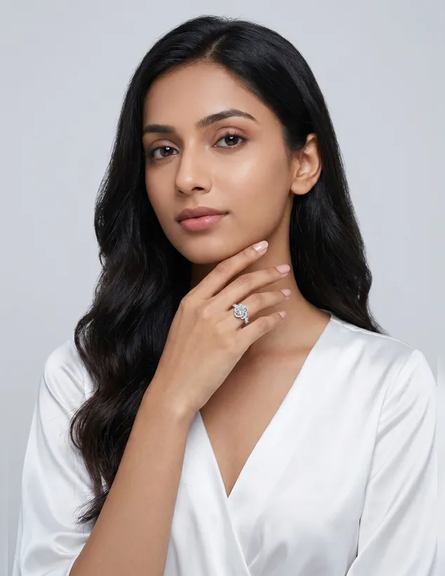 Woman wearing a silver flower halo crystal ring