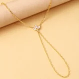 Gold and Silver Rhinestone Leaf Finger Bracelet for Women close-up highlighting the rhinestone leaf centerpiece.