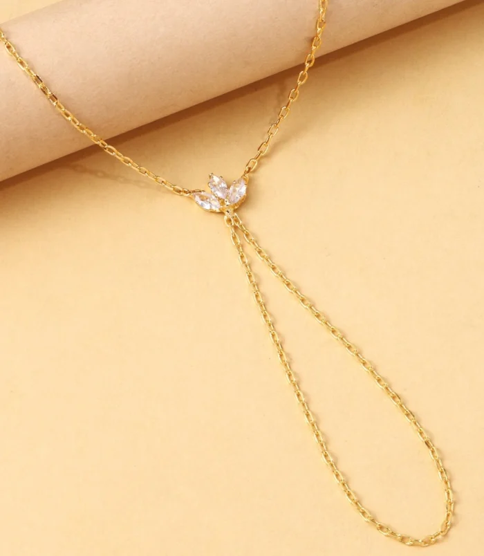 Gold and Silver Rhinestone Leaf Finger Bracelet for Women close-up highlighting the rhinestone leaf centerpiece.
