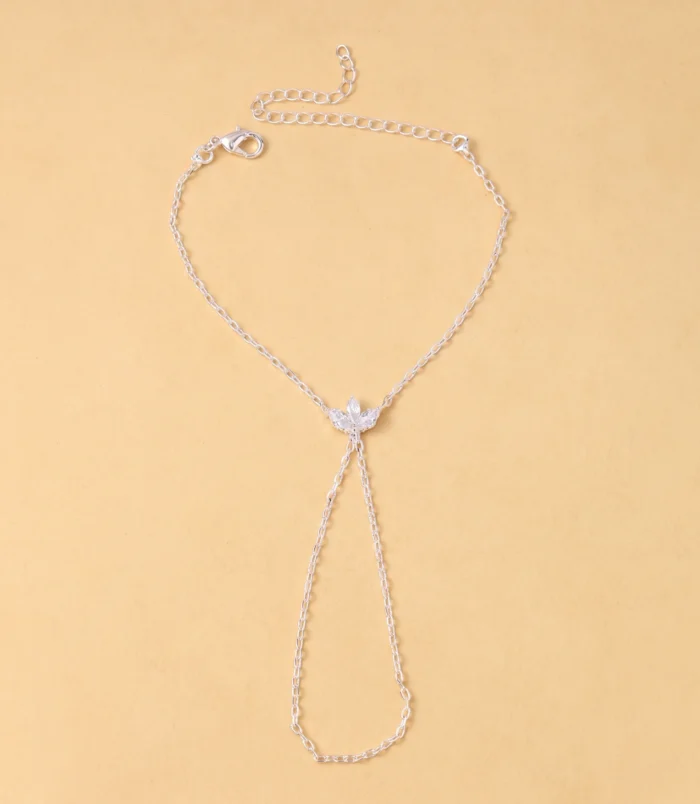 Gold and Silver Rhinestone Leaf Finger Bracelet for Women in the sleek silver colour variation.