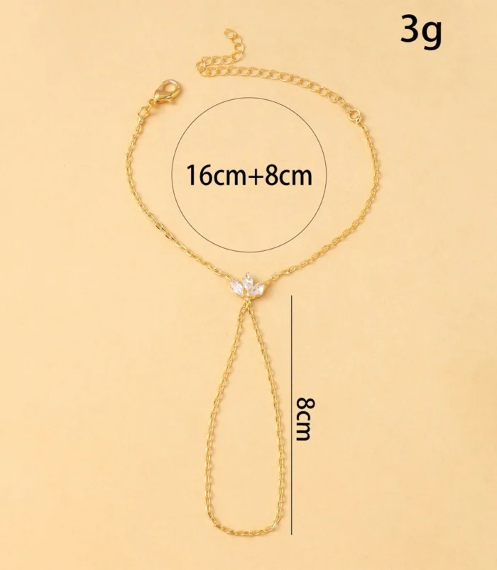 Gold and Silver Rhinestone Leaf Finger Bracelet for Women measurement guide showing the chain and loop lengths.